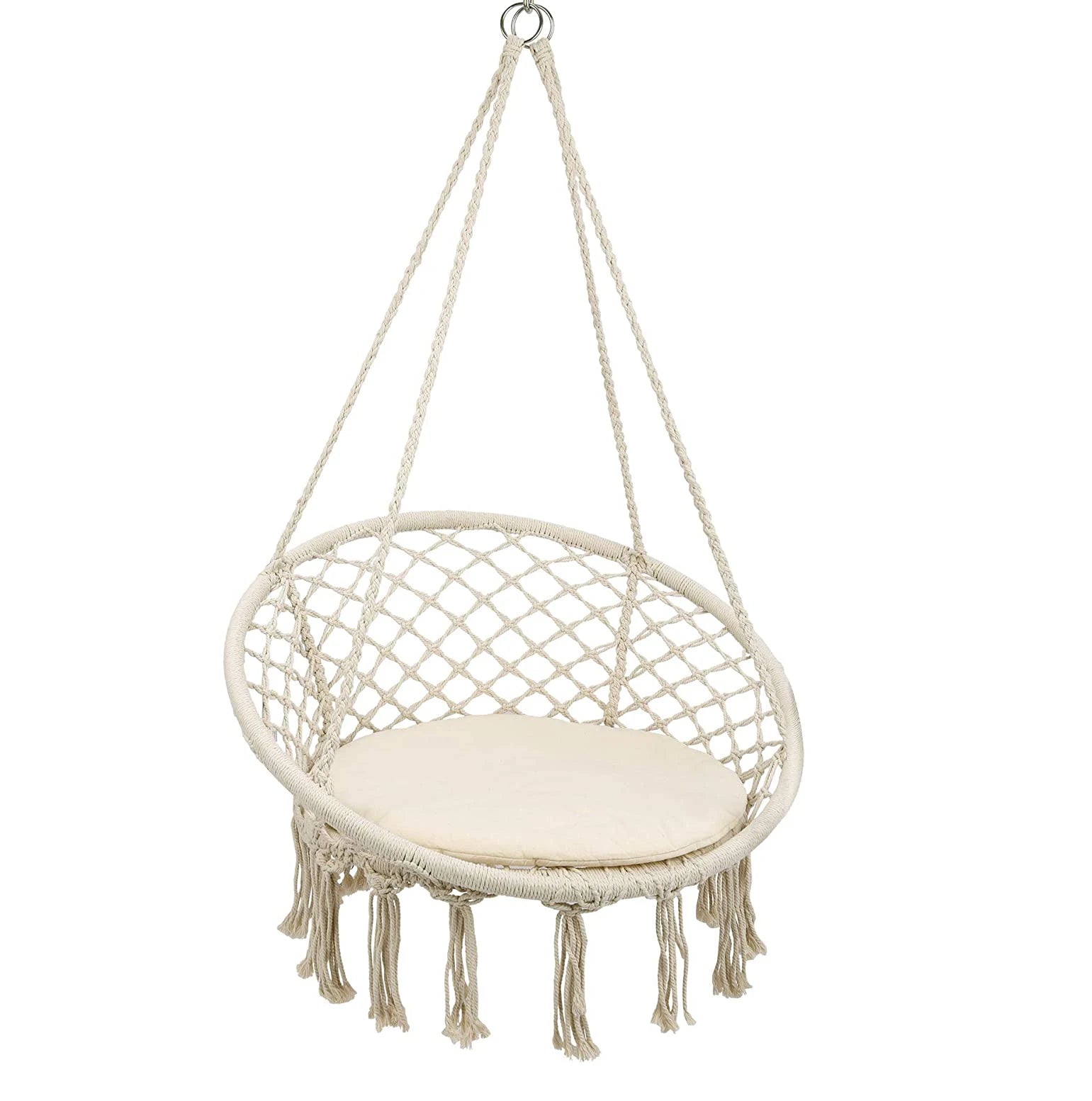 Traditional Metal Hanging Chair Cotton Polyester Woven Rope Sponge Cushion 300LBS Capacity Outdoor Indoor Bedroom Park XL
