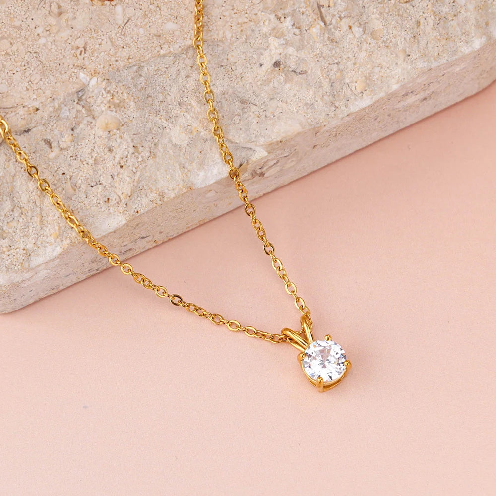 Chris April 316L Stainless Steel Gold Solitaire Zircon Necklace Woman High Quality