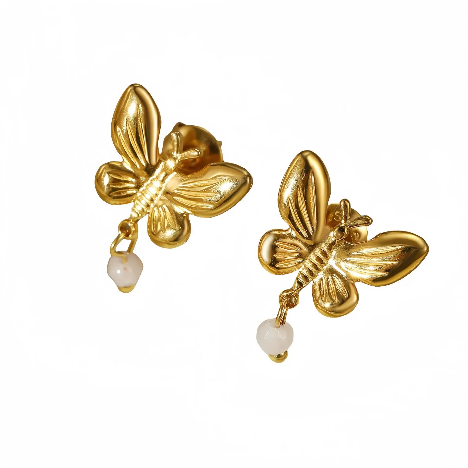 New Stainless Steel 18k Gold Plated Pearl Butterfly Tassel Pendant Earrings YF6094