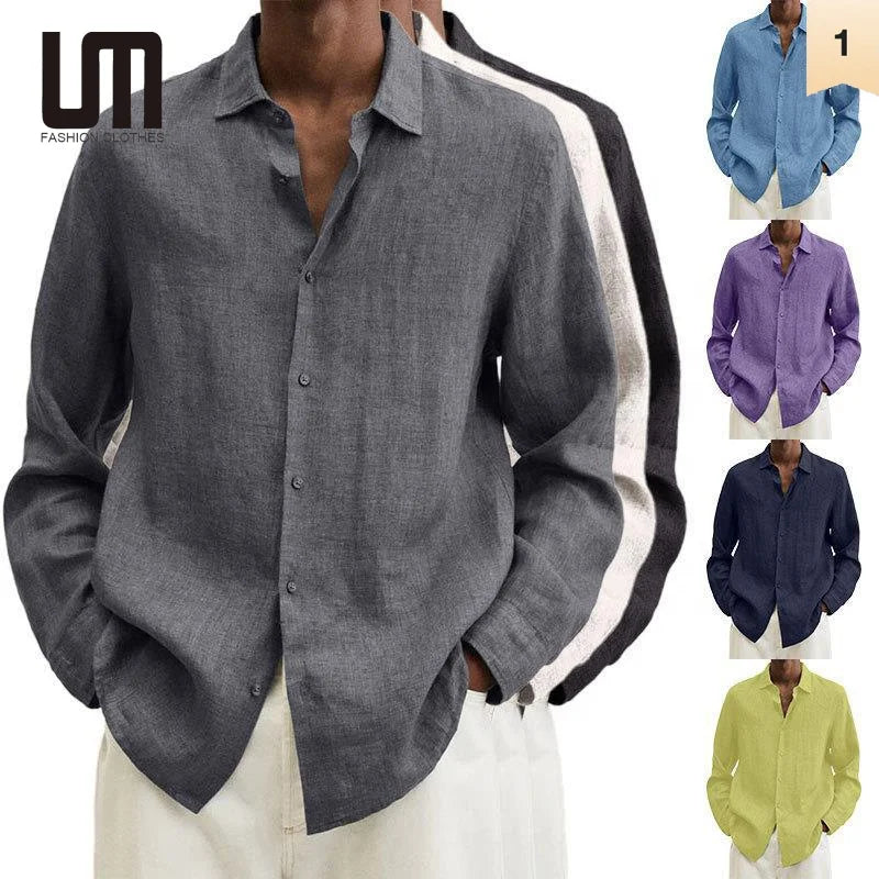 Liu Ming Hot Selling Wholesale Men Casual Lapel Buttoned Cotton Linen Oversized Top Loose Plus Size T Shirts