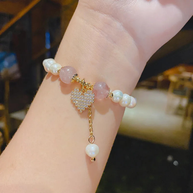 Fashion Stone Opal Beads Bracelet Freshwater Pearl Mosaic Rhinestone Bracelet For Womens Micro Inlaid Zircon Heart Bracelet