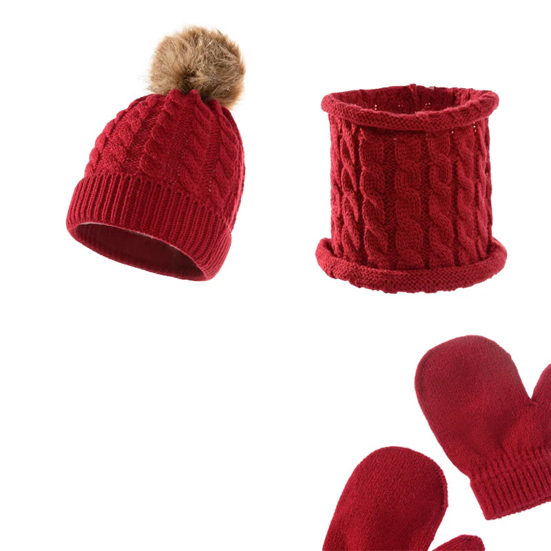 Three Piece Children's Hat Handmade Crochet Knitted Winter Hat Pom Pom and Scarf Set Manufactured Autumn Winter for Kids