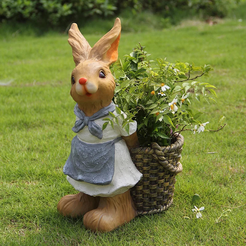 Garden Decoration Resin Bunny Easter Ornament Cartoon Animal Rabbit Outdoor Flower Pot Landscape Sculpture Rabbit Cart Plant Pot