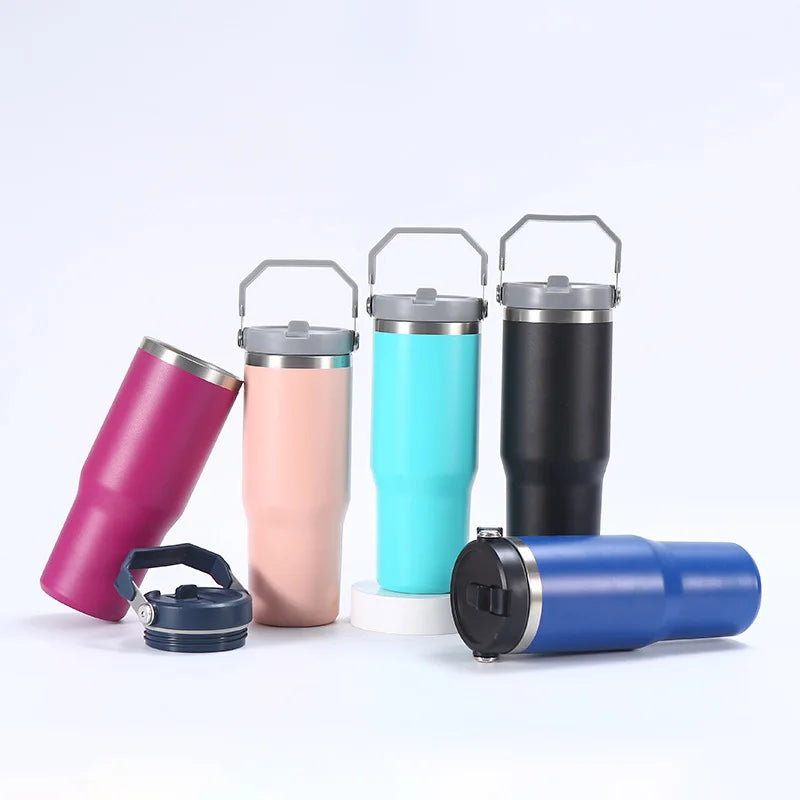 Promotional 30oz Double Wall Stainless Steel Tumbler for Travel Camping Car with Handle and Straw for Coffee and Milk