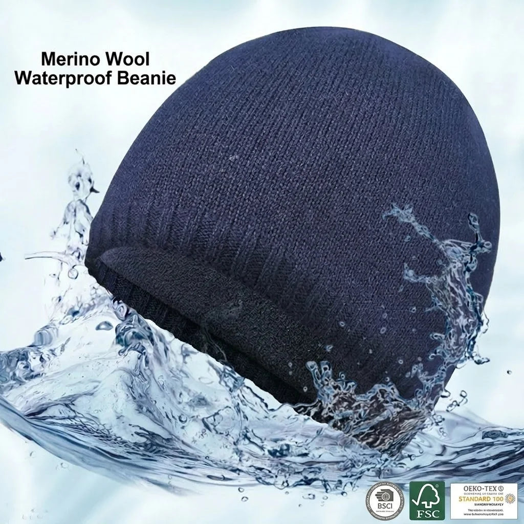 Private Label Custom Waterproof Fisherman Beanie Hat Wool Fleece Lined Windproof Water Resistant Winter Cap with Embroidery Logo