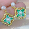 Classic Retro Four Leaf Clover Drop Earrings Brass Gold Plated AAAA Grade Trendy 6-7 mm Natural White Bread Pearl Earrings