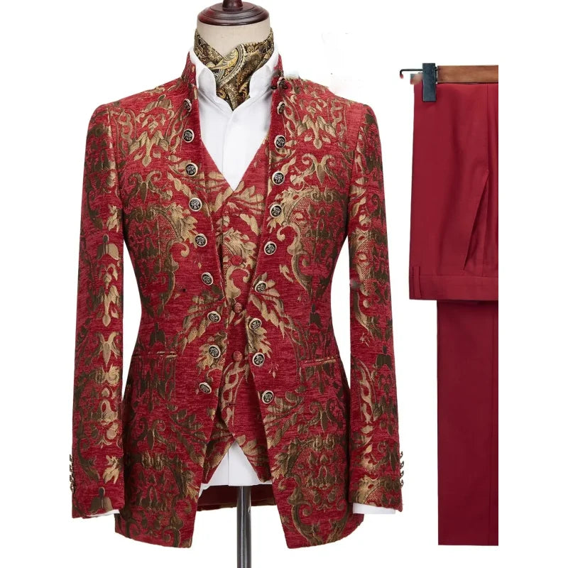 Latest Coat Floral Design Men Suits Tailor-Made Tuxedo 3 Pieces Blazer Vest Pants Stand Lapel Wedding Party Groom Costume Homme