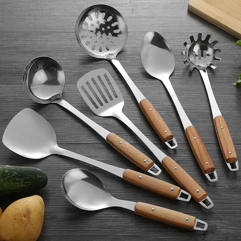 Heat Resistant Metal Kitchen Utensils Set with Wood Handle Thick Stainless Steel Spatula and Spoon with Hole for Cooking
