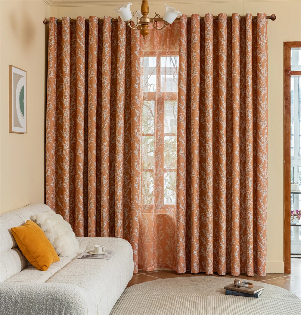 Modern Korean Style New Arrival Orange Leaf Print Curtains Drapes Polyester Full Blackout Printed Curtains for Window Door