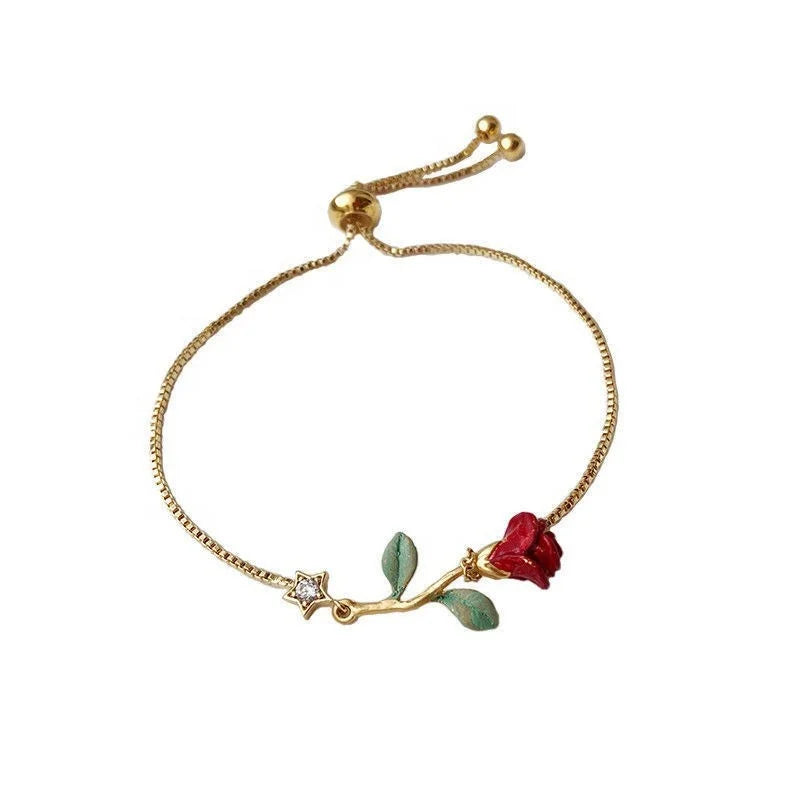 2023 New Design Red Rose Flower Vintage Gold Jewelry Set Princess Bracelet Wedding Party Gift Copper Inspired 'The Little
