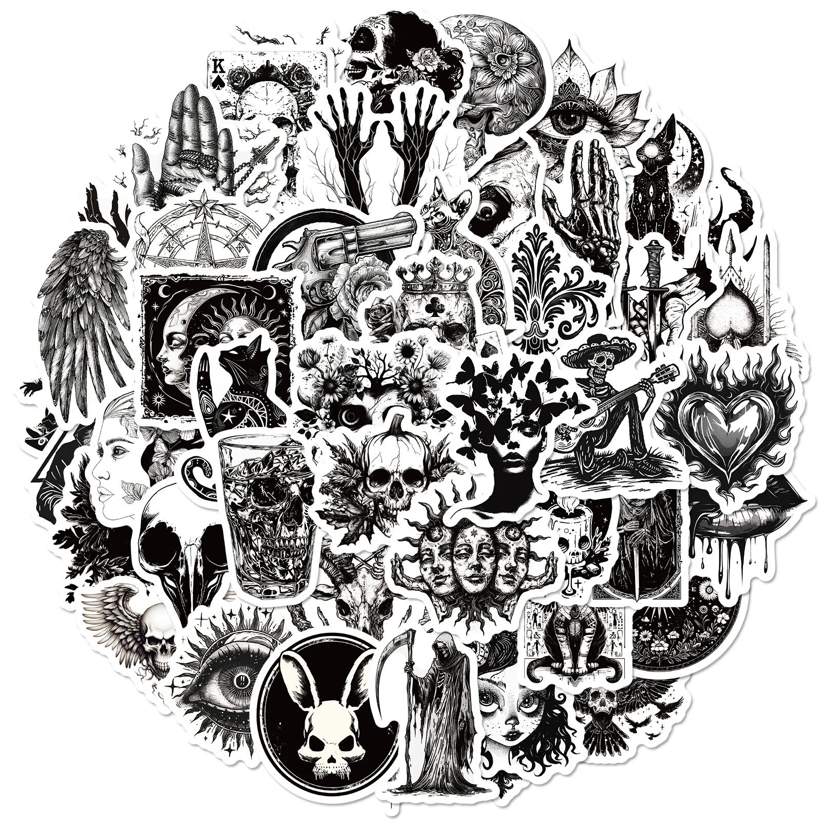 50Pcs Personalized Gothic Style Tattoo Logo Graffiti Stickers for Phone Car Skateboard Fashion Black White Skull Sticker