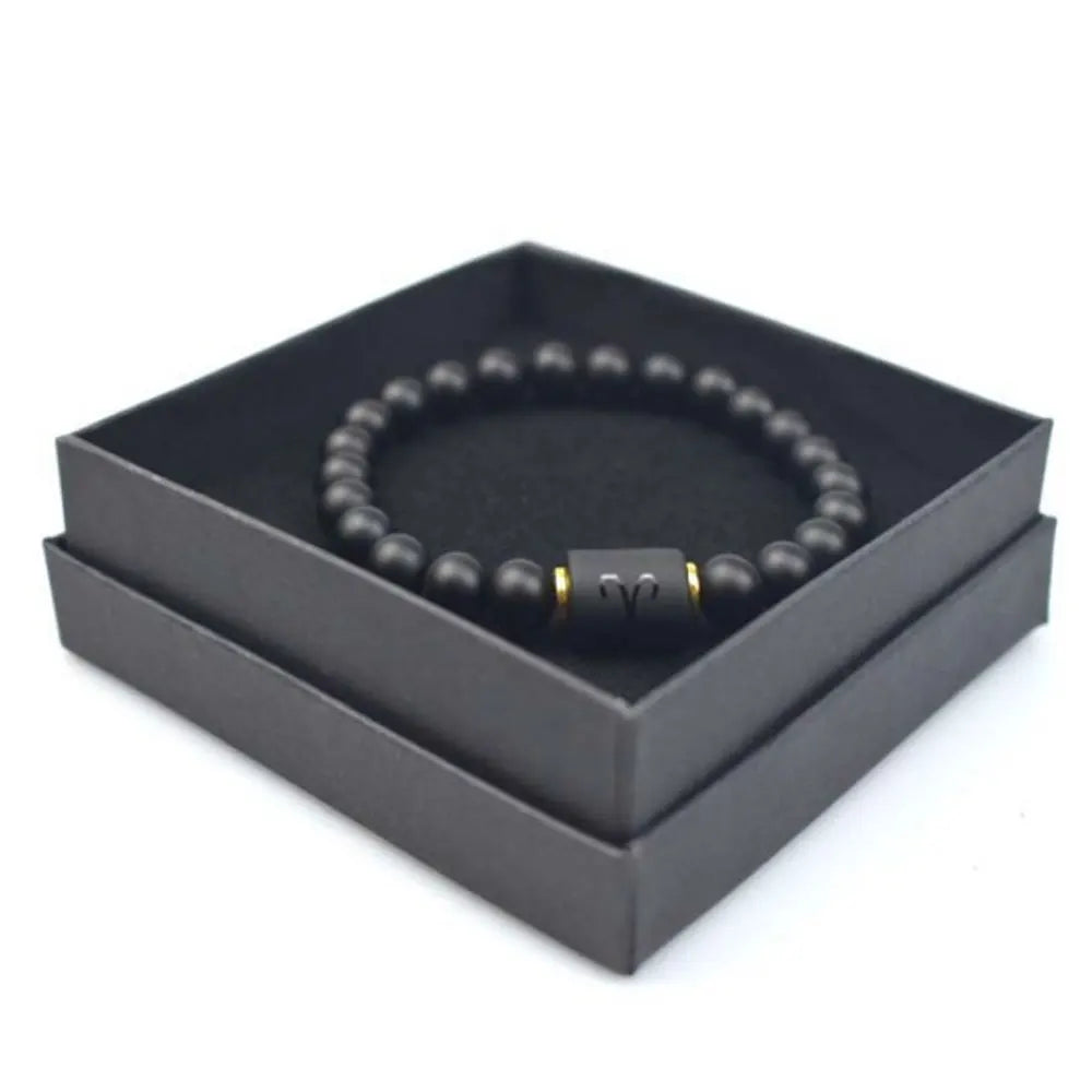 Natural Black Agate Gemstone Beads Beaded Elastic Cord Zodiac Horoscope Sign Charm Bracelet Bangle Jewelry Men