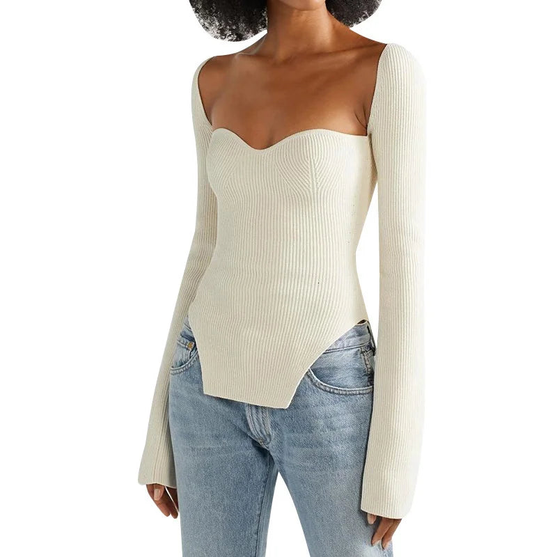 TWOTWINSTYLE Women's Slim Solid Knitted Tops Square Collar Long Sleeve Casual Style Sweater for Autumn Season with Front Logo