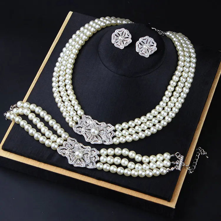 Qushine  New Arrival Bride 3 Layer Imitation Pearl Choker Necklace for Women Wedding Pearl Jewelry Sets