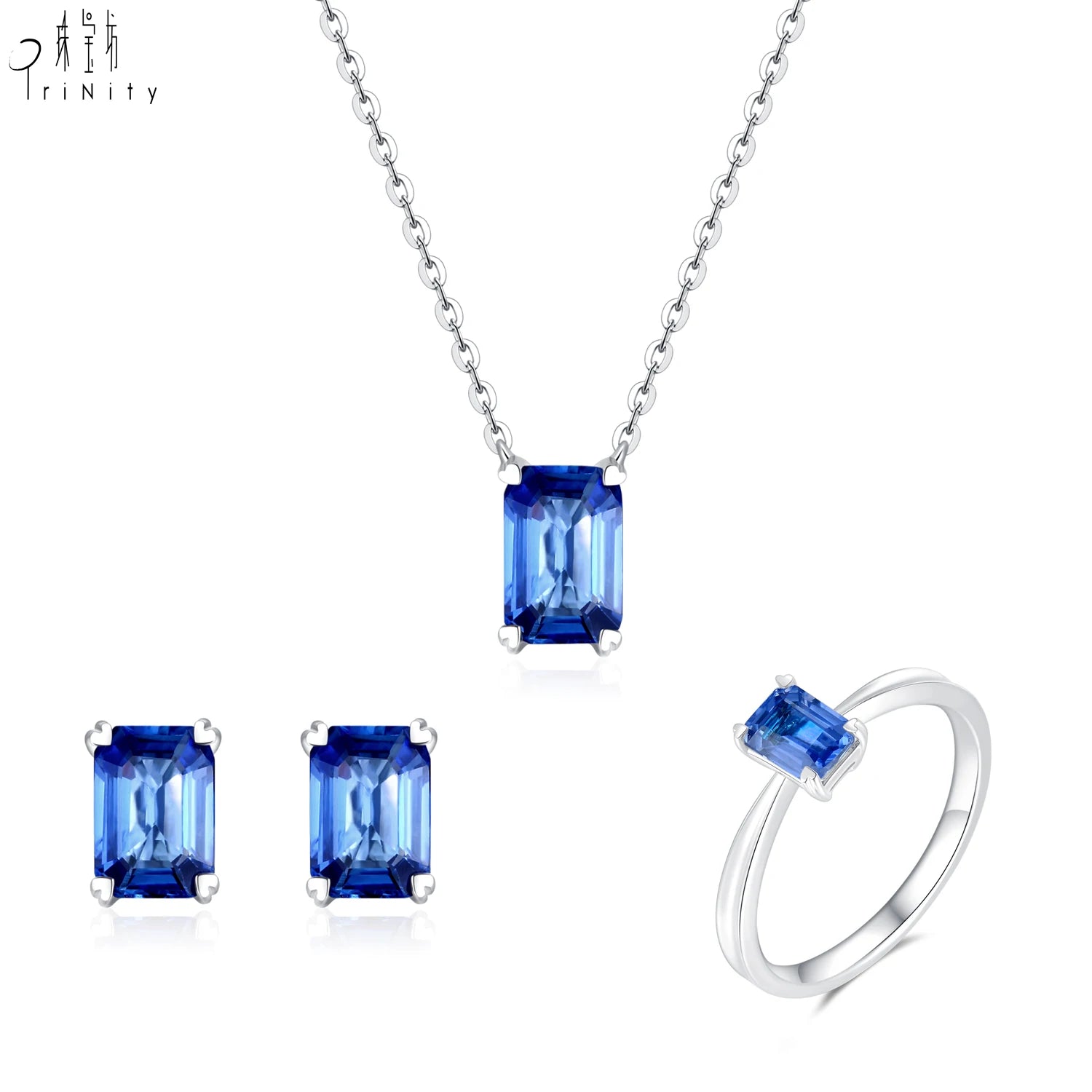 New Arrival Simple Elegant Fine Jewelry Natural Sapphire Emerald Cut18K White Gold Real Blue Sapphire Pendant Necklace For Lady