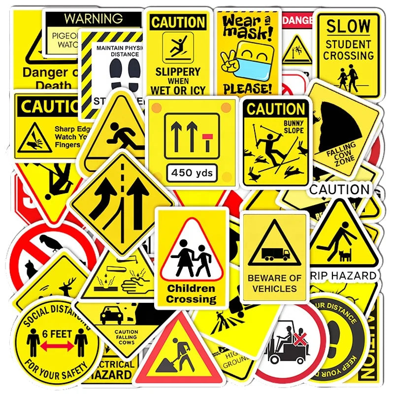50Pcs Warning Traffic Signs Graffiti Car Label for Graffiti Home Party Decoration Laptop Car Wall Window DIY Stickers