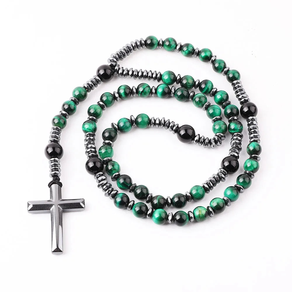 Hematite Cross Beads Stone Tiger Eye Beaded Rosary Necklace Stainless Steel Natural Stone Beads Long Necklaces for Men