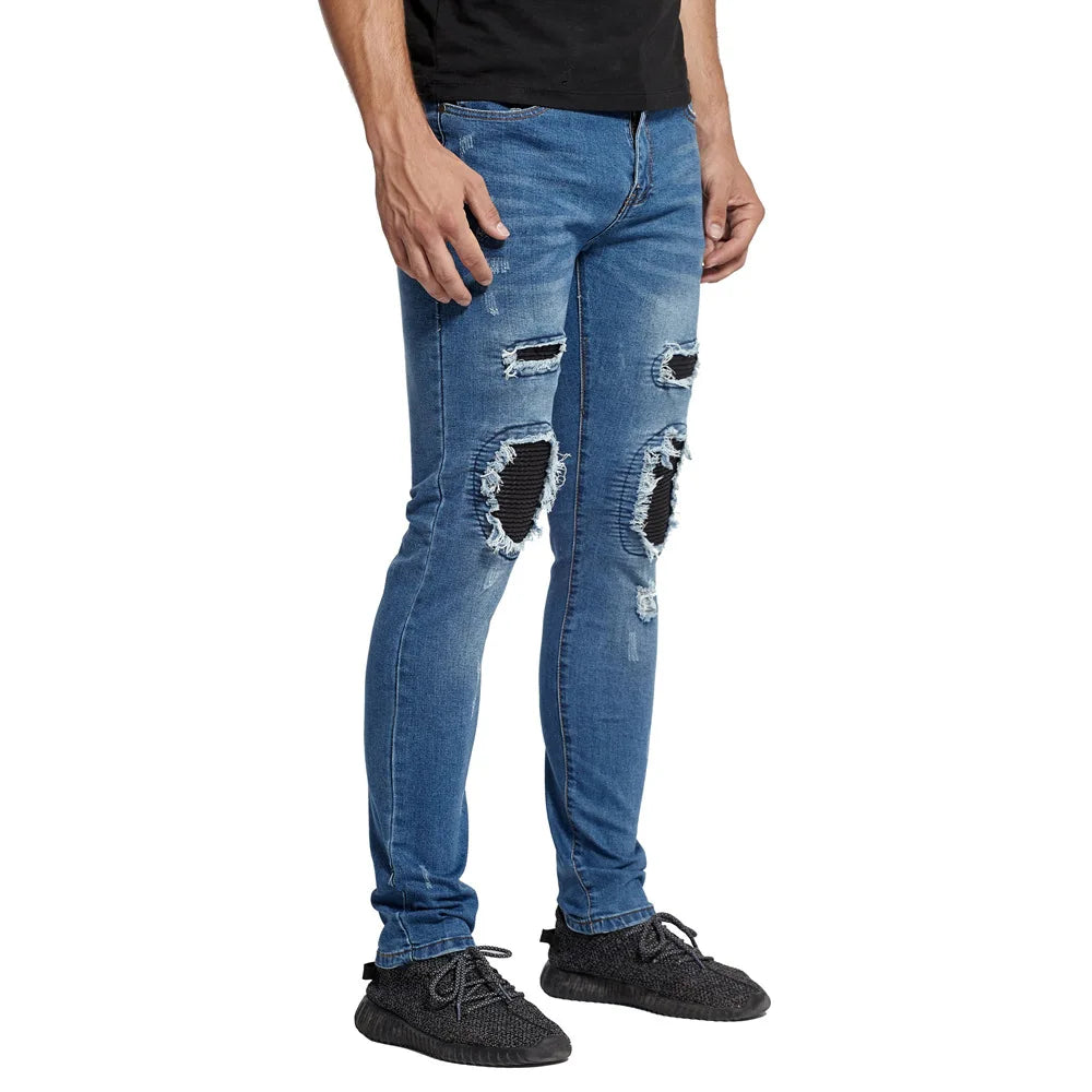 Fitspi Motorcycle Men's Jeans Leather Pleated Star Style Biker Stretch Ripped Trousers Pants