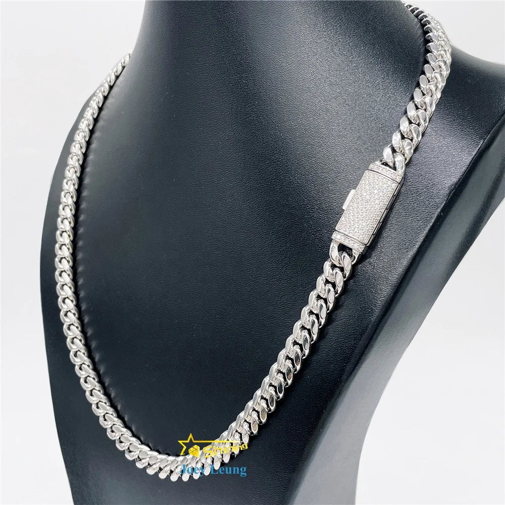 Mens Necklace 8MM 10MM 12MM 13MM VVS Moissanite Diamond Clasp Solid 925 Silver Iced Out Miami Cuban Link Chain Hip Hop Jewelry
