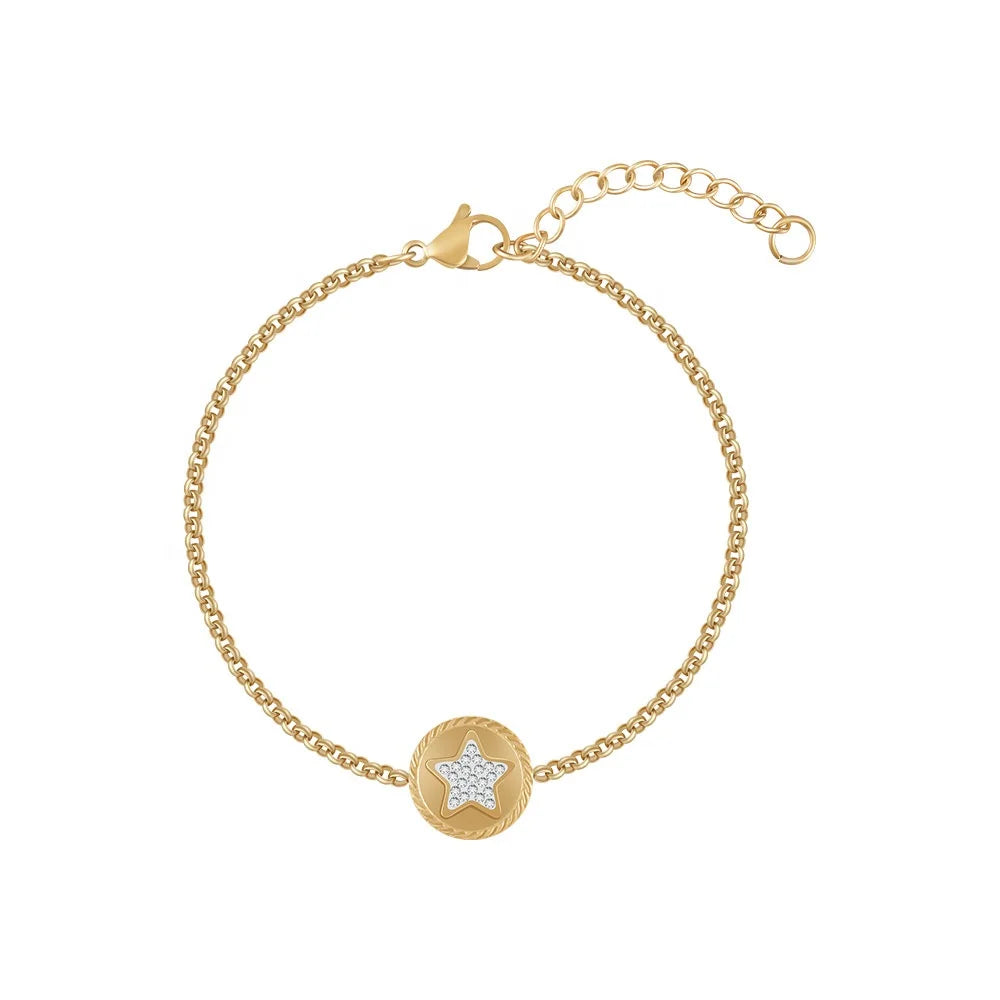 PVD 18K Gold Plated Stainless Steel Jewelry Gold Color Chain Link Zircon Star Heart Tree Charms for Women Bracelet B232351
