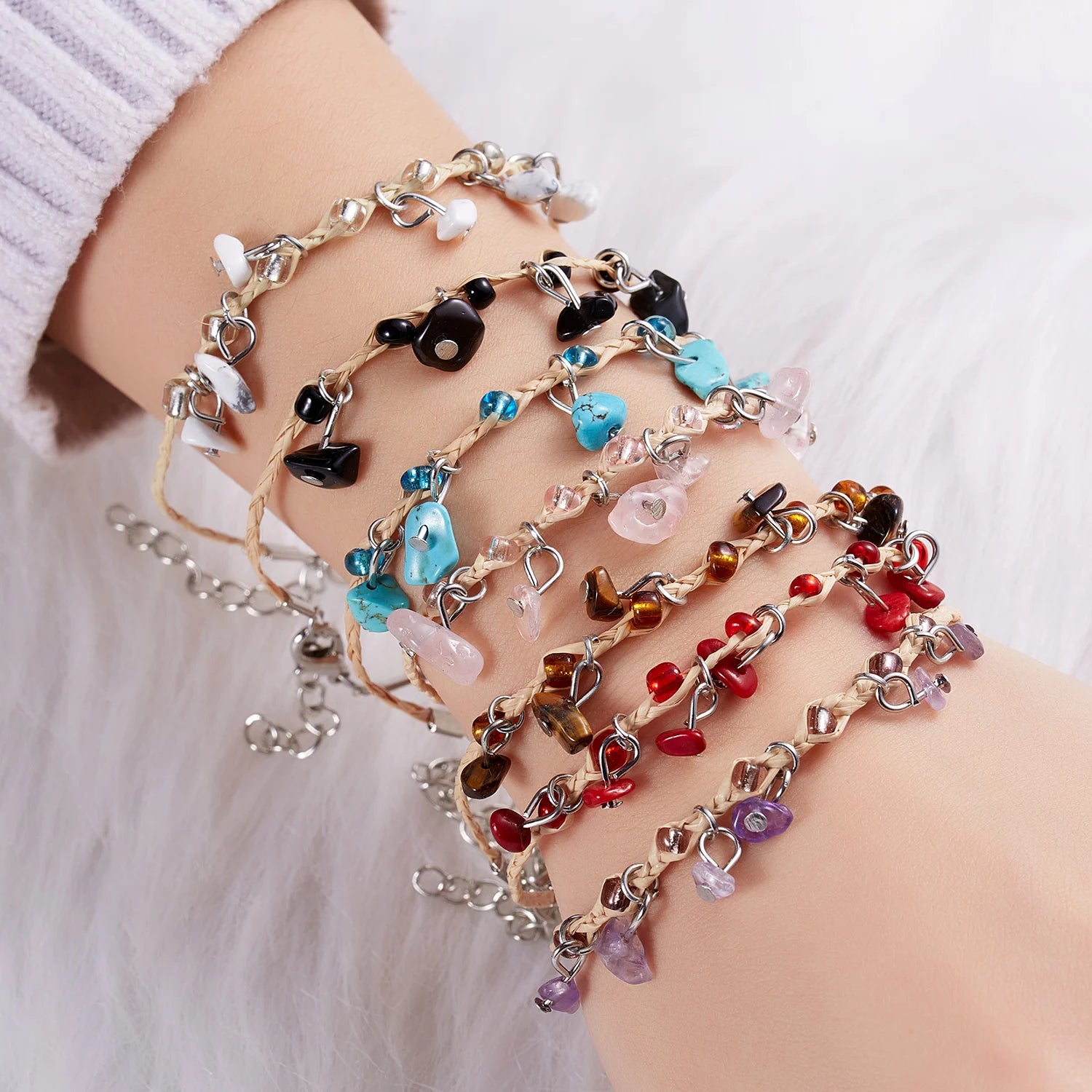 Crystal Irregular Natural Stone Bracelet Beads Chips Jewelry Amethyst Aquamarine Rose Quartz Women Men Couple Bracelet