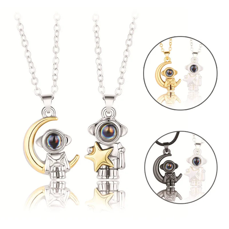 Valentine's Day Jewelry Spaceman Match Paired Necklaces Stars Moon Astronaut Projection 100 Languages I Love You Couple Necklace