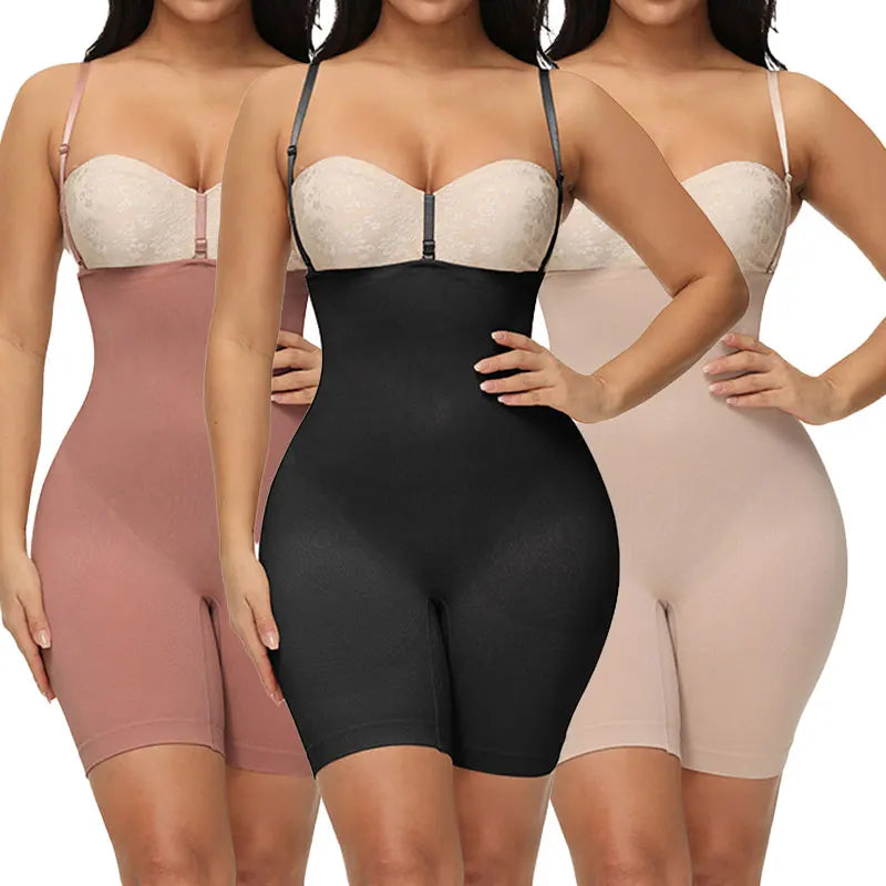 Women's High-Waist Seamless Body Shaper Shorts Underbust Tummy Control Adjustable Strap Solid Sling Shapewear Breathable