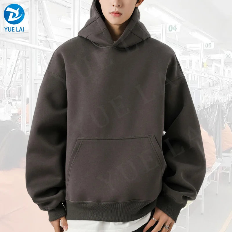 400G Heavyweight Warm Air Layer Pullover Solid Color Plus Velvet Thickened Men Hooded Sweatshirt for Unisex Autumn and Winter