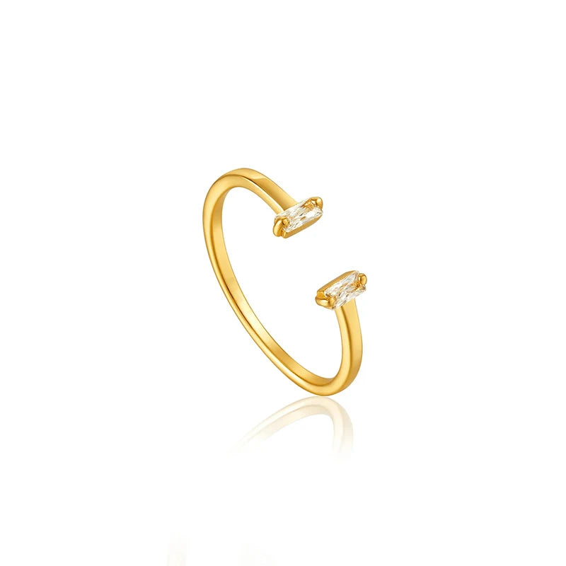 Fashion Sterling Silver 925 Jewellery Double Rectangular Diamond Rectangle Zircon Thin Gold Plated Open Ring Fine Jewelry