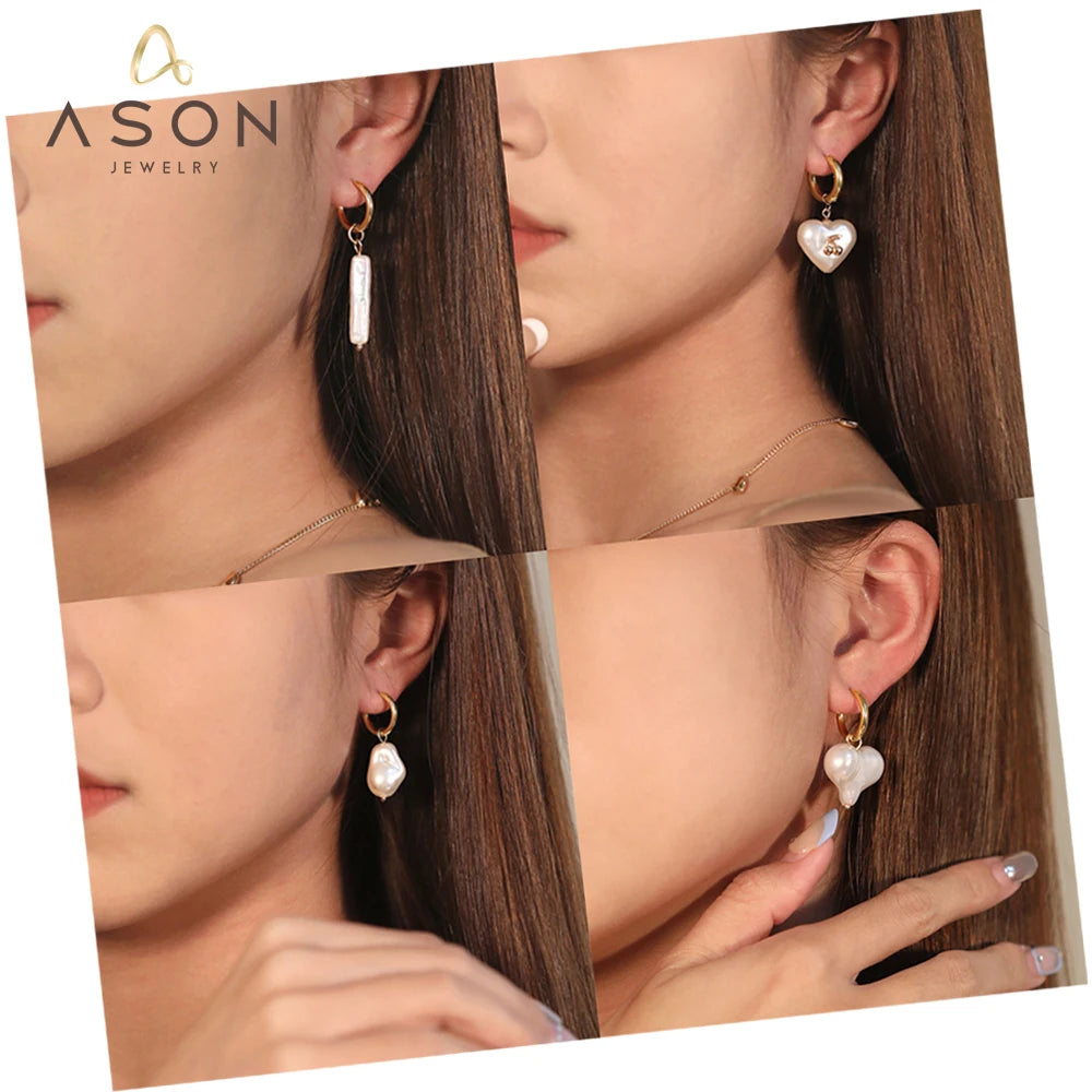 Ason Wholesale Fashion Stainless Steel Heart Pearl Drop Bride Earrings Jewelry 18K Gold Plated Wedding Hoop Earrings for Women