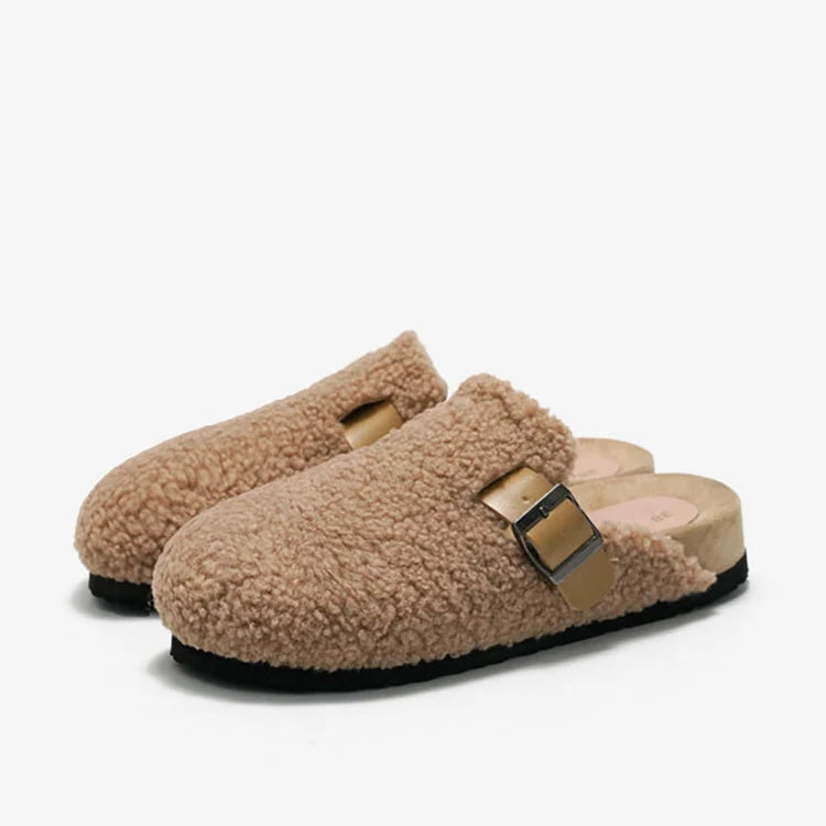 Women Fuzzy Cashmere Fleece Casual Genuine Leather Fluffy Plush Mules Birken Unisex Clogs Cork Slippers