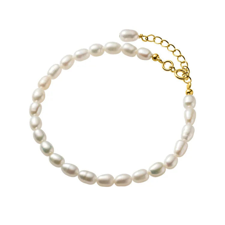 SP 925 Sterling Silver Handmade 3-4mm Fresh Water Pearl Bracelet for Women
