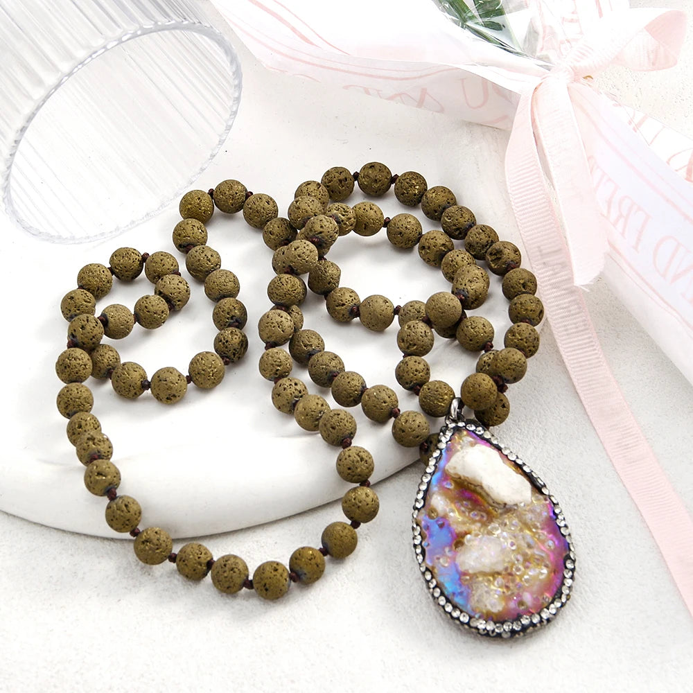 Bohemian Resort Wind 8mm Porous Volcanic Stone Necklace Irregular Crystal Spore Agate Drop Pendant Necklace