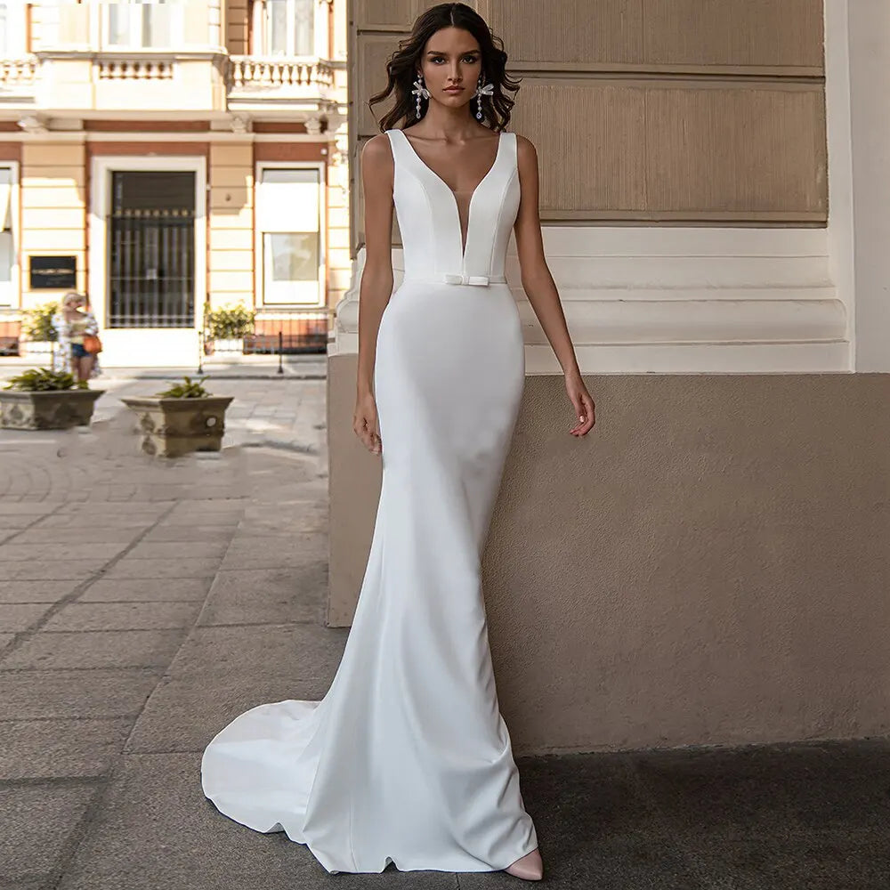 13223# Elegant Sleeveless Open Back BOHO V-Neck Beach Sweep Train Soft Satin Mermaid Pleat Bow Wedding Dress Bride Gown