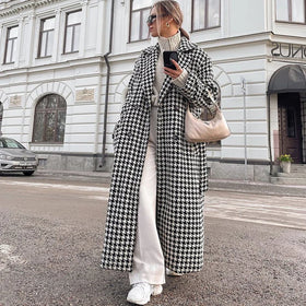 Clothing Manufacturer Ladies Fashion Houndstooth Double Breasted Belted Women's Trench Coat Winter Clothes Long Coats for Women