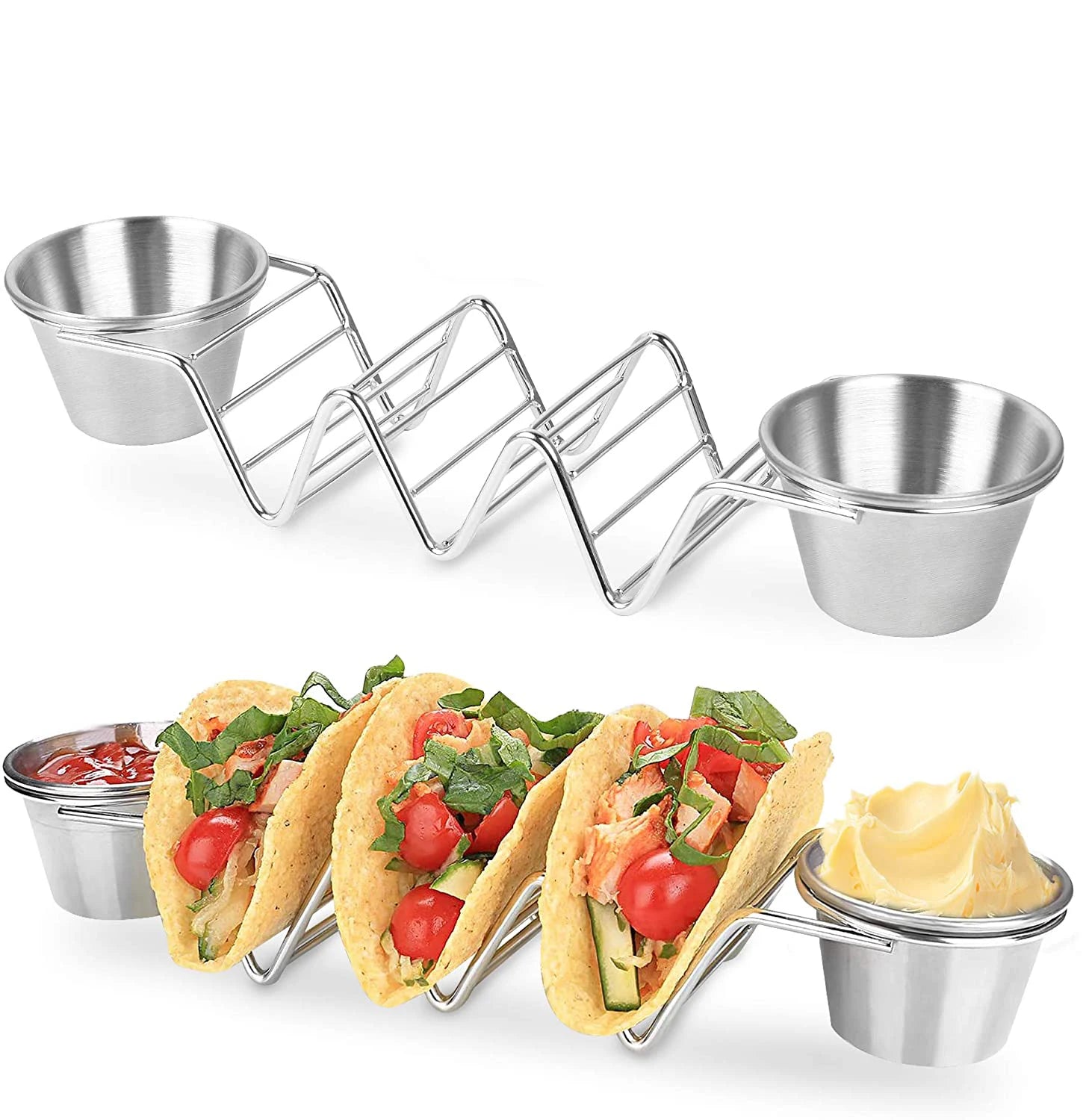 Kitchen Accessories 3 Rack Taco Tray Stainless Steel Taco Stand Holder With Sauce Cups