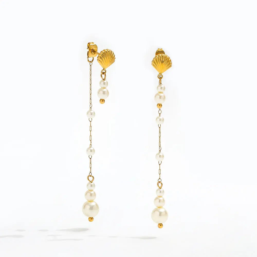New Vintage 18k Gold Plated Stainless Steel Gradient Imitation Pearl Tassel Shell Stud Earring Geometric Jewelry for Women