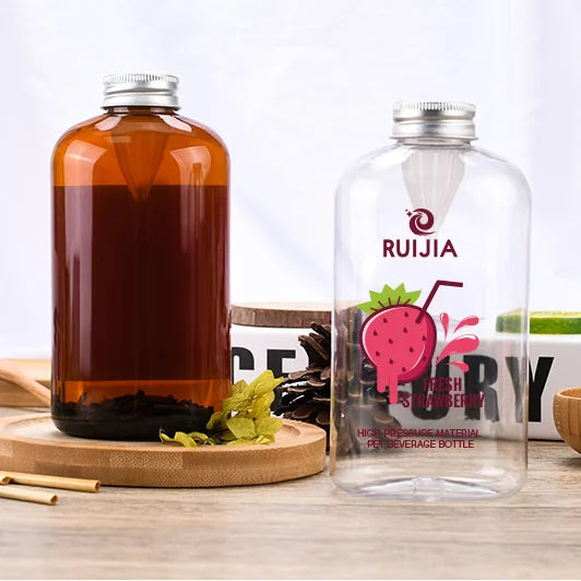 Food Grade 500ml Disposable Cleear Amber Pet Plastic Milk Tea Juice Flat Beverage Bottle with Lid
