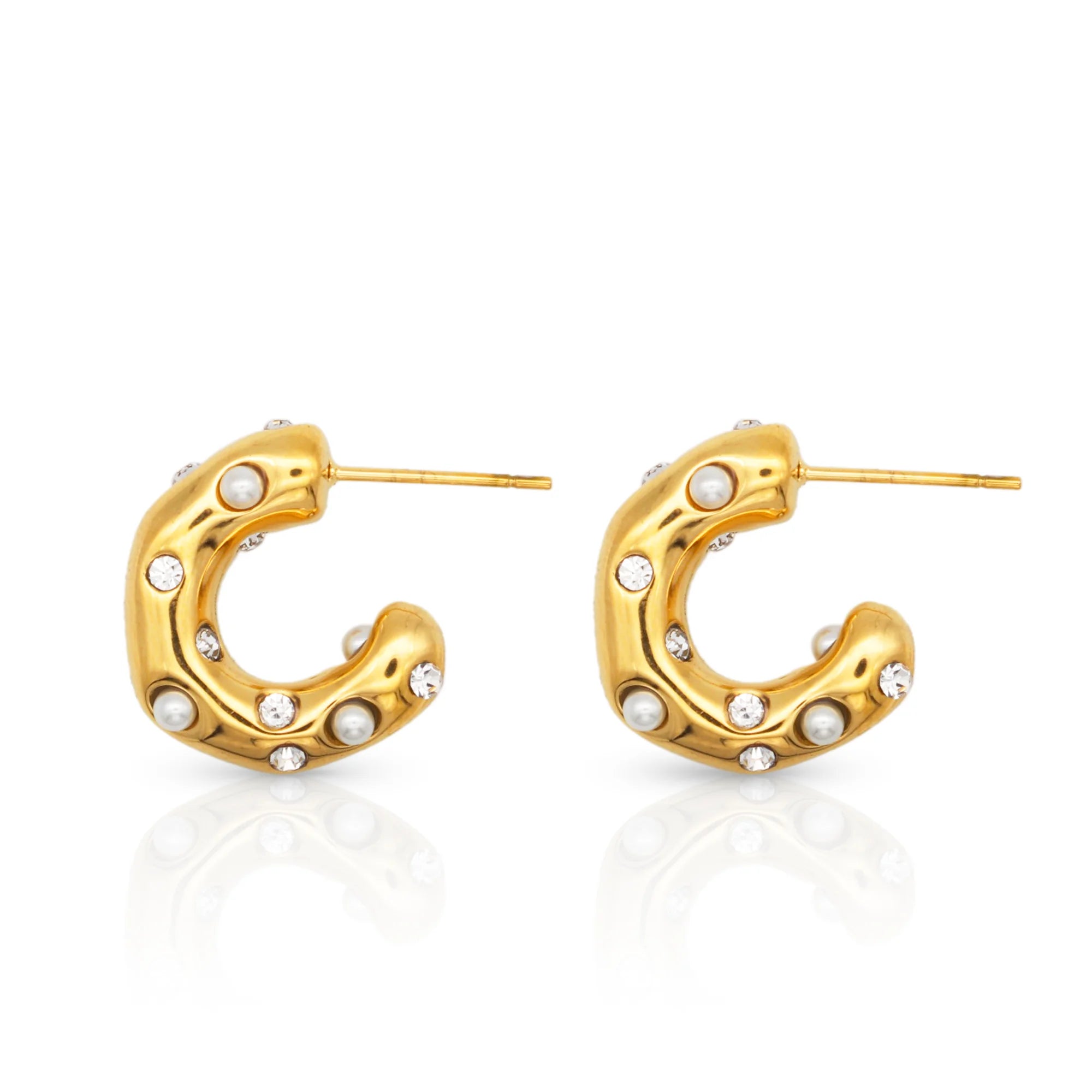 Chris April in Stock 18k PVD Gold Plated 316L Stainless Steel Glossy Pearl Zircon Hoop Stud Earrings for Women