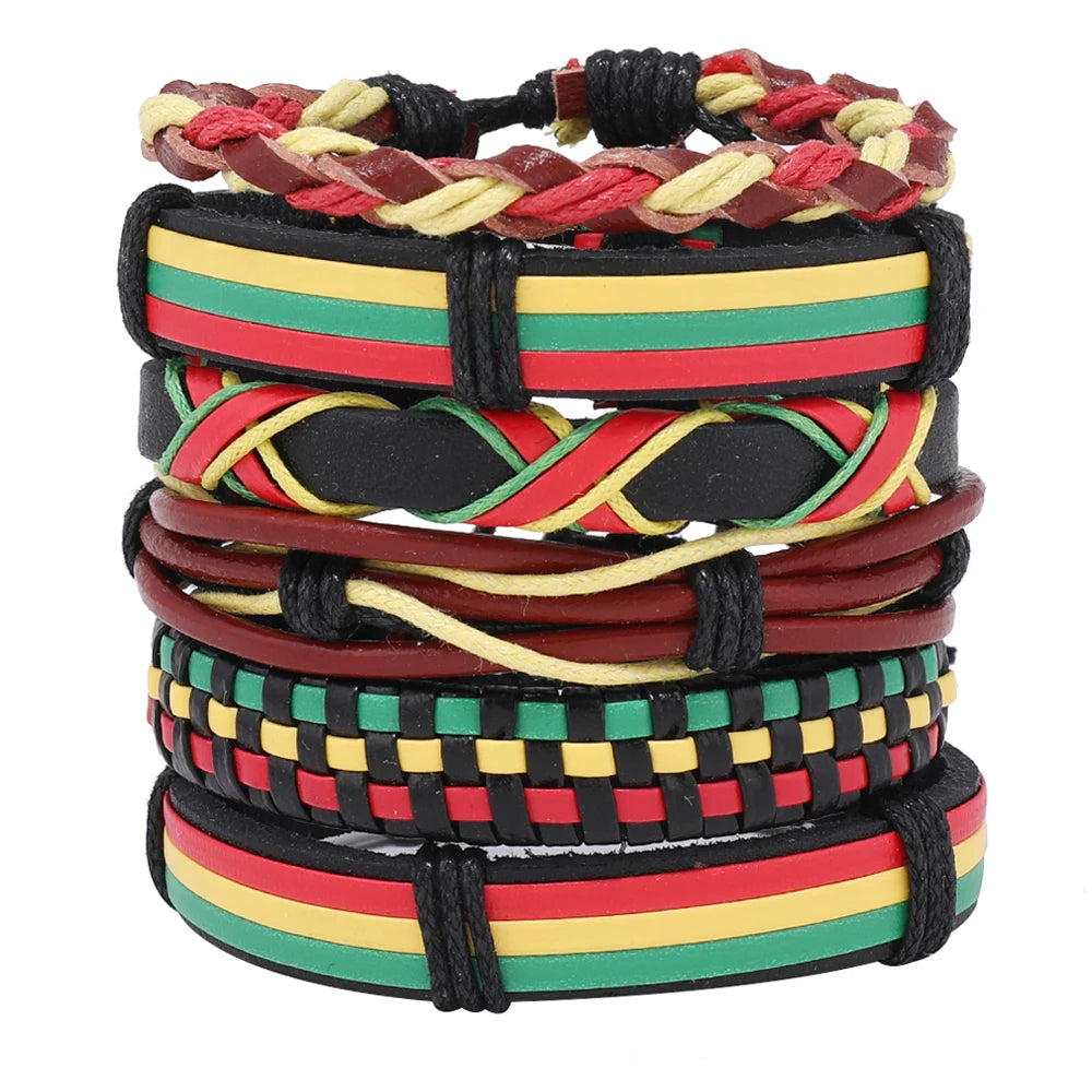 Handmade Woven Leather Braid Bracelets for Men 6pcs Red Yellow Green Jamaica Bracelets & Bangles Fashion Charm Jewelry