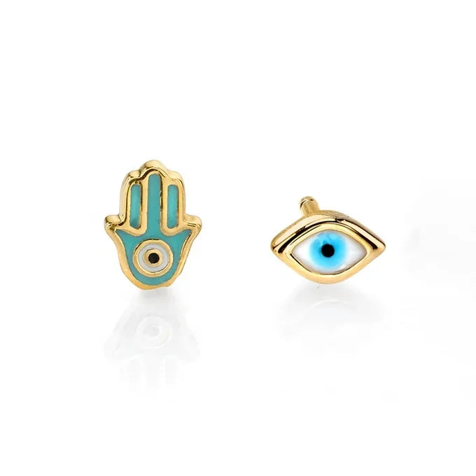 LOZRUNVE Gold Cute Mini Evil Eye Hamsa Enamel Stud Earring Sterling Silver 925