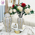 Hand-painted Art Black Glazed Striped General Ginger Jar Creative Gold Plated Ceramic Flower Vase for Room Hotel Home Decoration