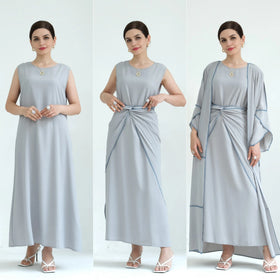 Loriya 3pc Abaya Set Women's Dresses 2023 Wrinkle Satin Modest Abaya Dubai Modest DressTraditional Muslim Clothing