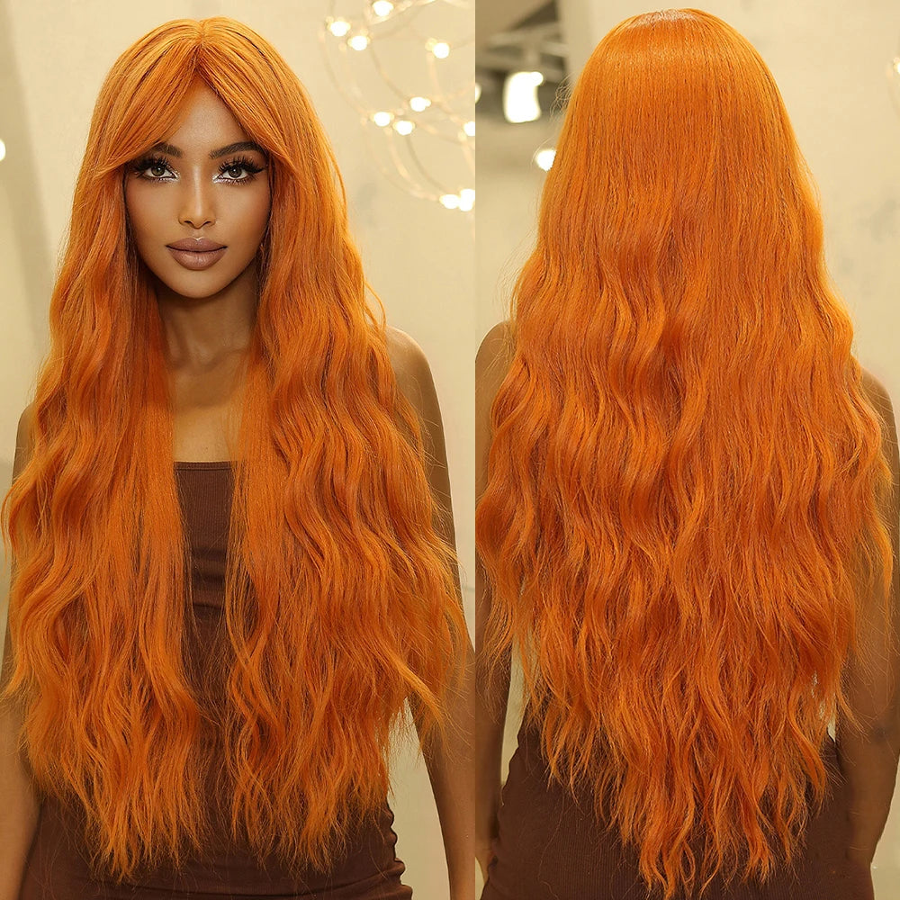 Wigs Wholesale Copper Ginger Orange Synthetic Wigs with Bangs Long Water Wave Hair Wig for Women Natural Heat Resistant
