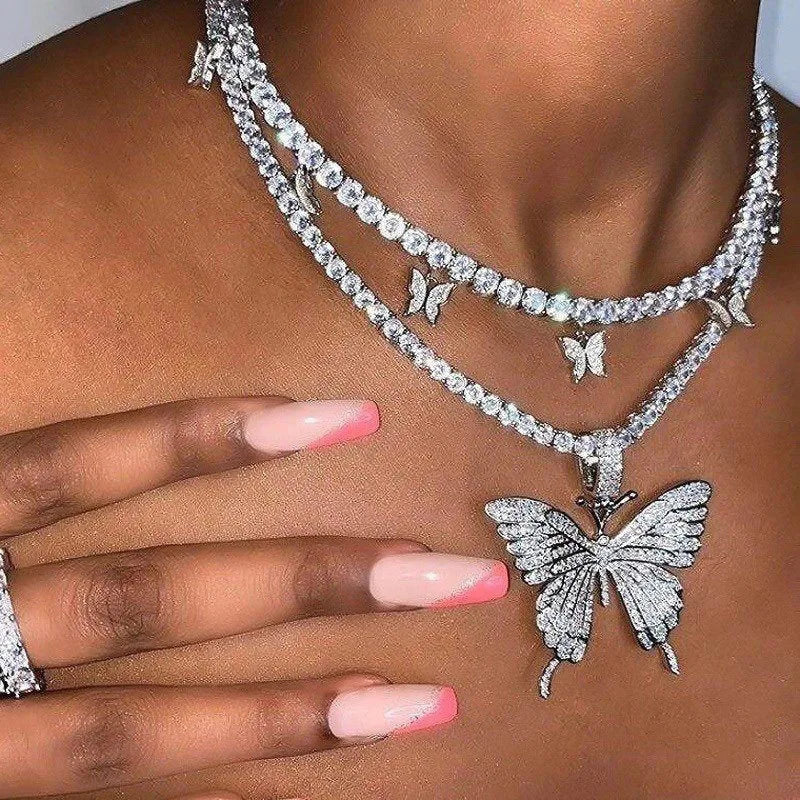 SC Hip Hop Women Rhinestone Tennis Choker Fashion New Design Jewelry Zircon Butterfly Pendant Necklace for Women