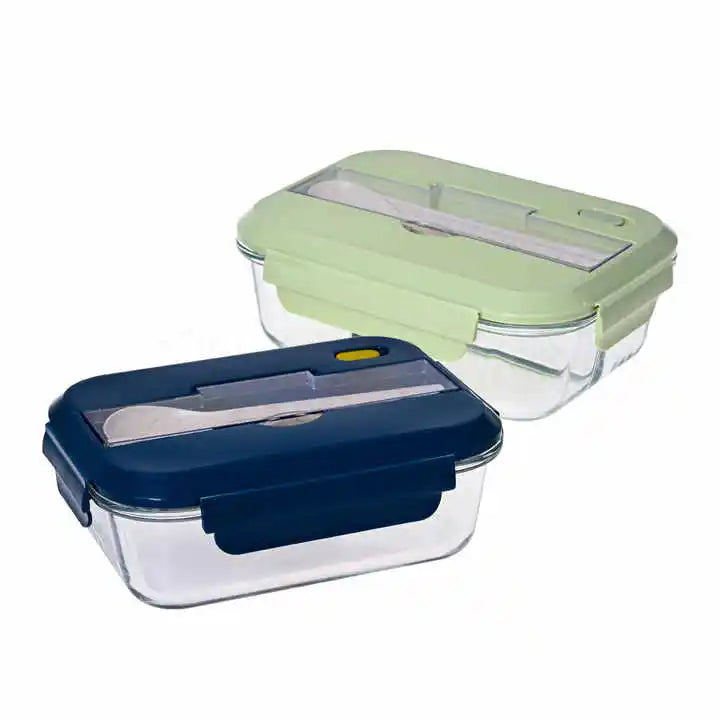 Airtight Separation Food Container Set 2 and 3 Compartment Bento Lunch Box Divided Glass Lunch Containers