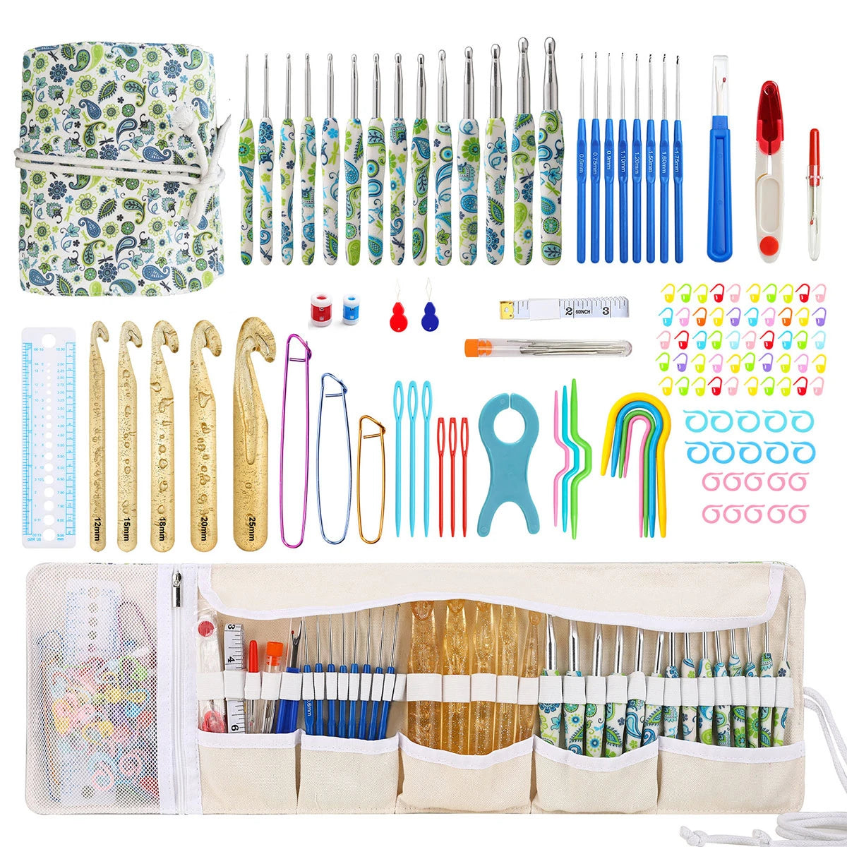 New Novice Crochet Hooks Kit with Yarn Roll Bag Sewing Accessories for Hand Knitting Beginners