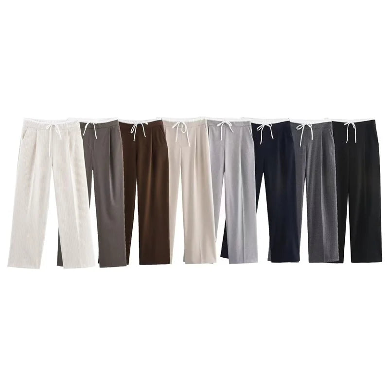 ZATRHMBM Spring Women's Trousers 2025 New Fashion Double Waist Wide Leg Trousers Retro Solid Color Casual Women's Trousers