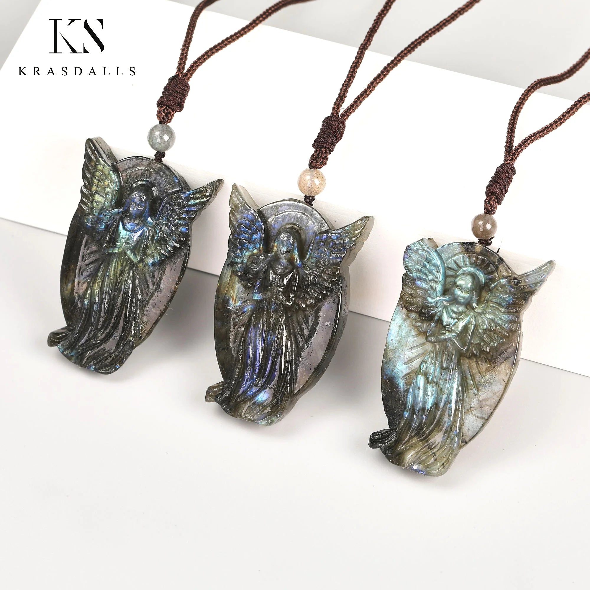 Natural Flash Labradorite Hand Carved Mermaid Angel Chief Crystal Pendant Necklace Unisex Jewelry