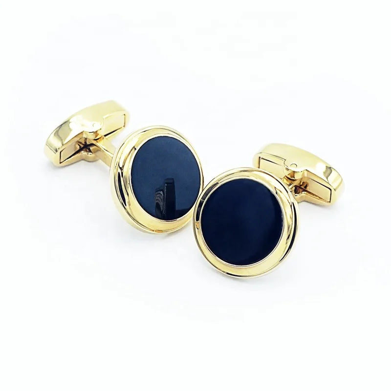 Cufflink Tie Clip Sets Black Agate Stone Luxury Men's Jewelry 18K Gold Plated Bezel Set Round Cuff Links Wedding Engagement